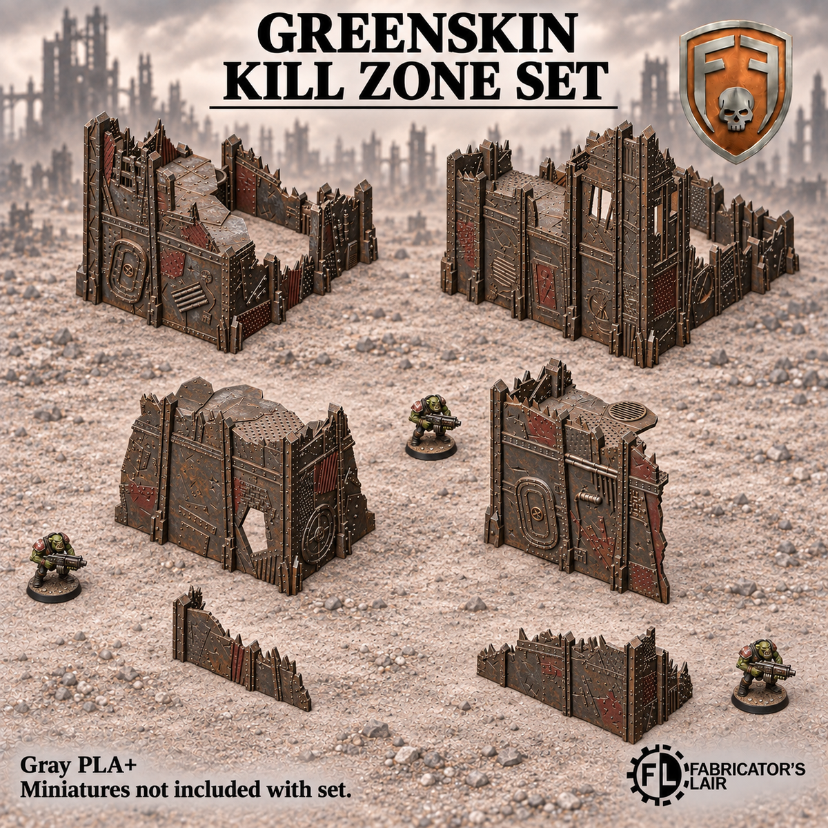 Greenskin Kill Zone terrain set, painted example; supplied unpainted in Gray PLA+.