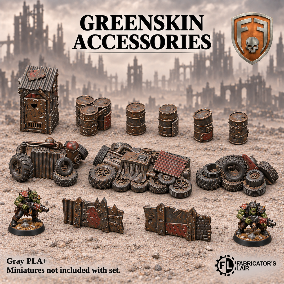 Greenskin Accessories Set with 11 terrain pieces: a joined barrel cluster, four barrels, three rubbish piles, a Zoghole with door and two barricades. Supplied unpainted in Gray PLA+.