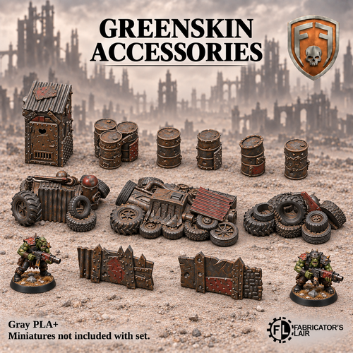 Greenskin Accessories Set with 11 terrain pieces: a joined barrel cluster, four barrels, three rubbish piles, a Zoghole with door and two barricades. Supplied unpainted in Gray PLA+.
