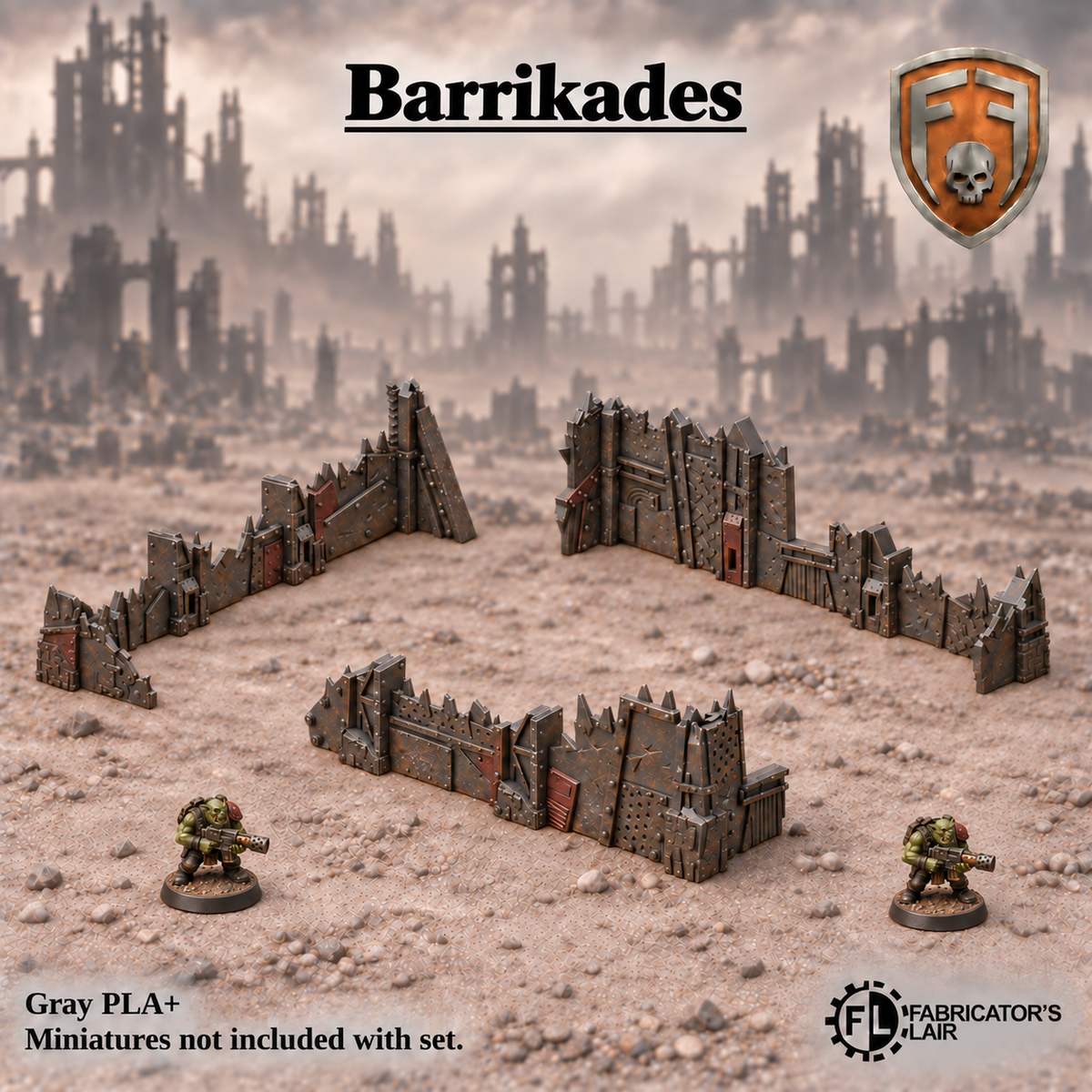 Greenskin Barrikades modular kit of ruined walls and pillars. Painted example, supplied unpainted in Gray PLA+. Assembly required; miniatures are not included.