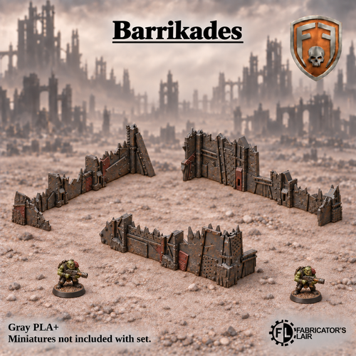 Greenskin Barrikades modular kit of ruined walls and pillars. Painted example, supplied unpainted in Gray PLA+. Assembly required; miniatures are not included.