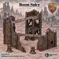 Greenskin Boom Spire modular terrain kit with walls, floors, pillars and skywalks. Painted example, supplied unpainted in Gray PLA+. Assembly required; miniatures are not included.
