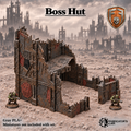 Greenskin Boss Hut modular terrain kit. Painted example of a scrap-built stronghold, supplied unpainted in Gray PLA+. Assembly required; miniatures are not included.