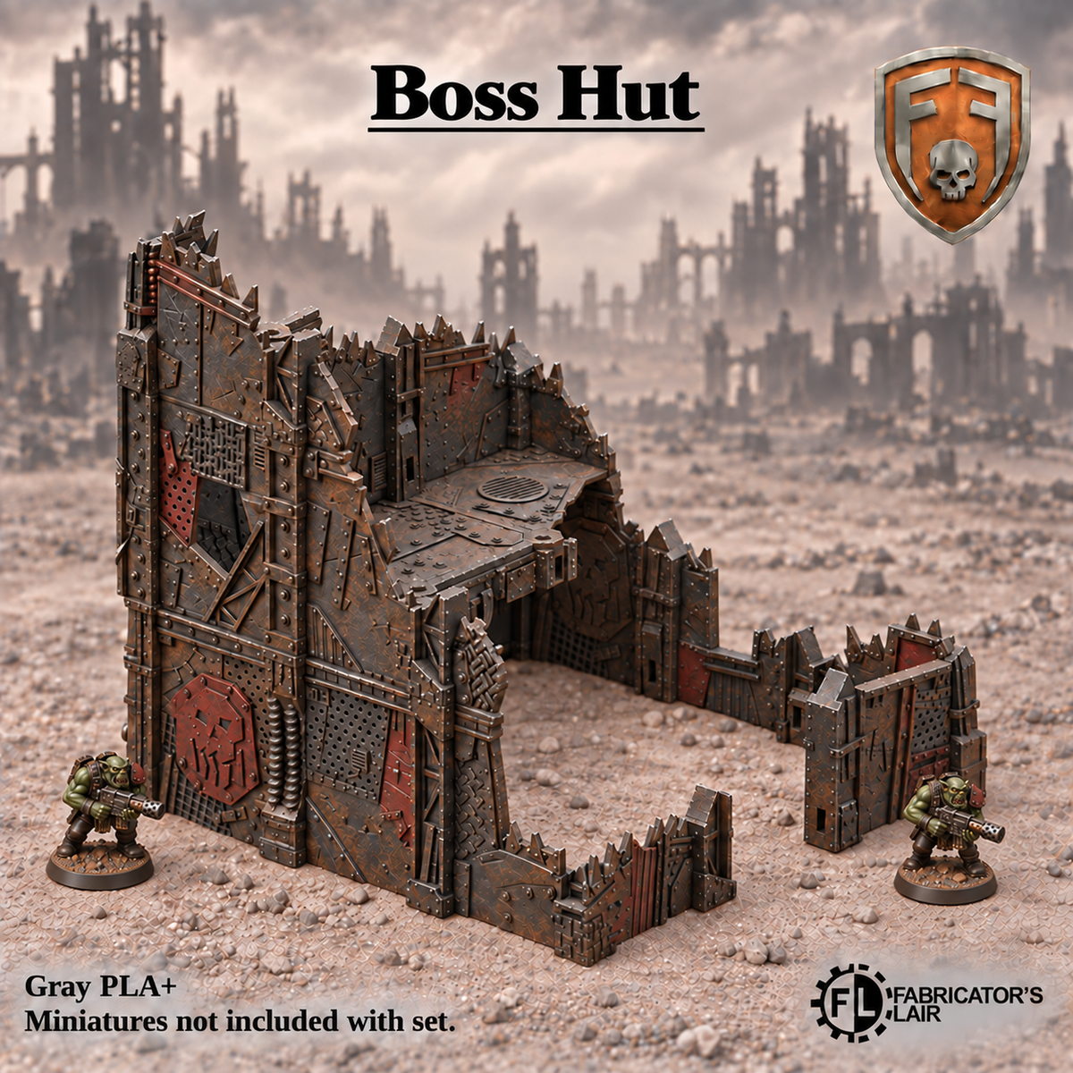 Greenskin Boss Hut modular terrain kit. Painted example of a scrap-built stronghold, supplied unpainted in Gray PLA+. Assembly required; miniatures are not included.