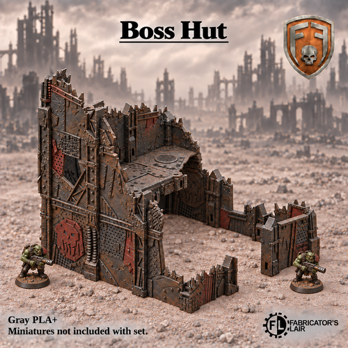 Greenskin Boss Hut modular terrain kit. Painted example of a scrap-built stronghold, supplied unpainted in Gray PLA+. Assembly required; miniatures are not included.
