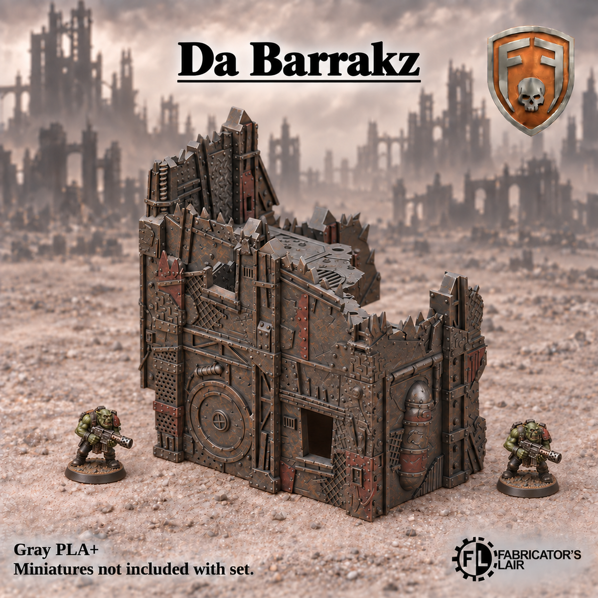 Greenskin Da Barrakz modular terrain kit of scrap-built walls, floors and pillars. Painted example, supplied unpainted in Gray PLA+. Assembly required; miniatures are not included.