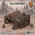 Greenskin Da Trukk Shed modular terrain kit. Painted example, supplied unpainted in Gray PLA+. Assembly required; vehicles and miniatures are not included.