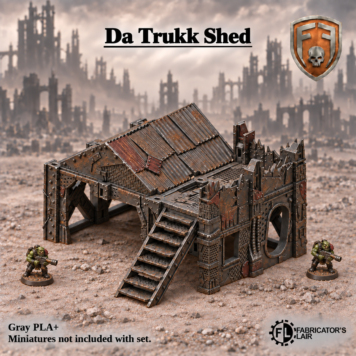Greenskin Da Trukk Shed modular terrain kit. Painted example, supplied unpainted in Gray PLA+. Assembly required; vehicles and miniatures are not included.