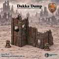 Greenskin Dakka Dump modular terrain kit. Painted example of industrial ruins, supplied unpainted in Gray PLA+. Assembly required; miniatures are not included.