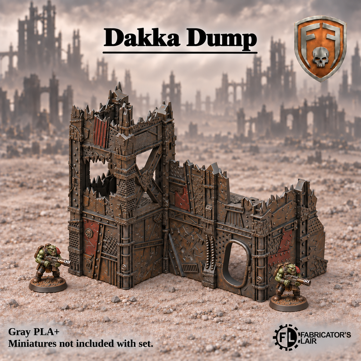 Greenskin Dakka Dump modular terrain kit. Painted example of industrial ruins, supplied unpainted in Gray PLA+. Assembly required; miniatures are not included.