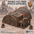 Greenskin Double Flya Shed with separate raised Scaffolding platform. Painted example of the two-unit set, supplied unpainted in Gray PLA+. Miniatures are not included.
