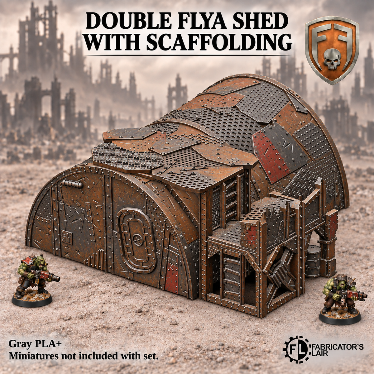 Greenskin Double Flya Shed with separate raised Scaffolding platform. Painted example of the two-unit set, supplied unpainted in Gray PLA+. Miniatures are not included.