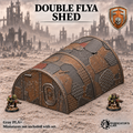 Greenskin Double Flya Shed industrial airfield terrain. Painted example, supplied unpainted in Gray PLA+. Aircraft and miniatures are not included.