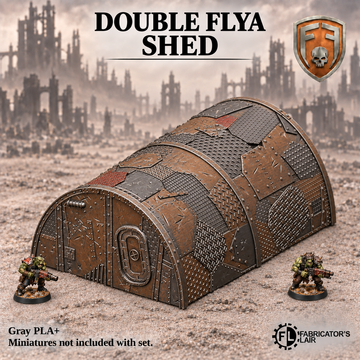 Greenskin Double Flya Shed industrial airfield terrain. Painted example, supplied unpainted in Gray PLA+. Aircraft and miniatures are not included.