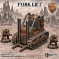 Greenskin F'ork Lift scrapyard terrain. Painted example; physical terrain supplied unpainted in Gray PLA+. Miniatures are not included.