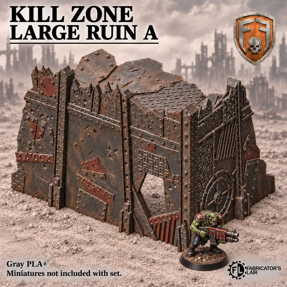 Greenskin Kill Zone Large Ruin A modular terrain. Painted example, supplied unpainted in Gray PLA+. Miniatures are not included.