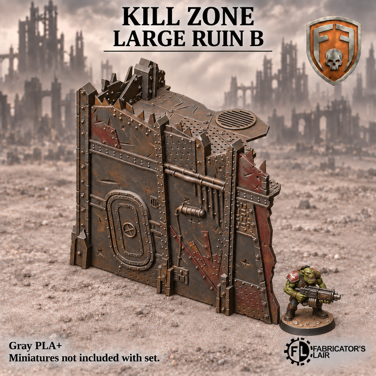 Greenskin Kill Zone Large Ruin B modular terrain. Painted example, supplied unpainted in Gray PLA+. Miniatures are not included.