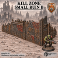 Greenskin Kill Zone Small Ruin B tabletop terrain. Painted example, supplied unpainted in Gray PLA+. Miniatures are not included.