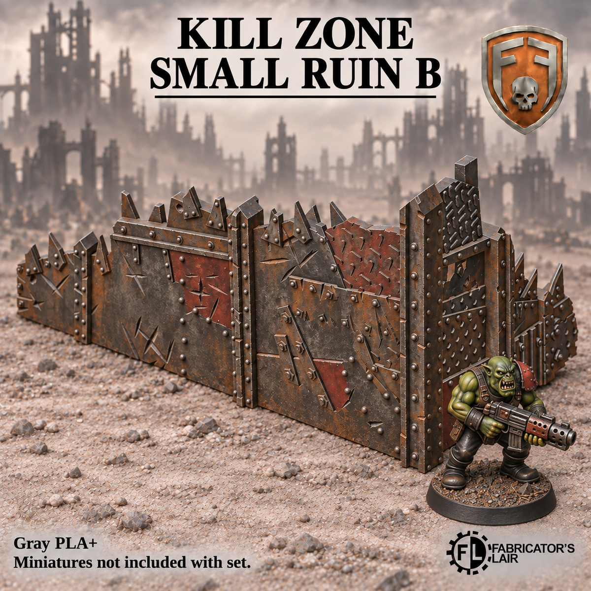 Greenskin Kill Zone Small Ruin B tabletop terrain. Painted example, supplied unpainted in Gray PLA+. Miniatures are not included.
