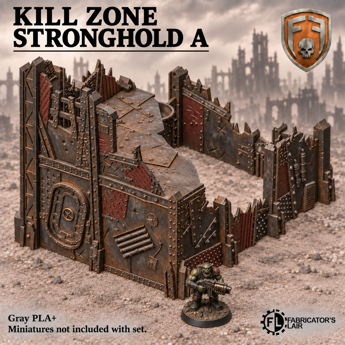Greenskin Kill Zone Stronghold A modular terrain building. Painted example, supplied unpainted in Gray PLA+. Miniatures are not included.