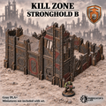 Greenskin Kill Zone Stronghold B, a large scrap-built terrain structure. Painted example, supplied unpainted in Gray PLA+. Miniatures are not included.