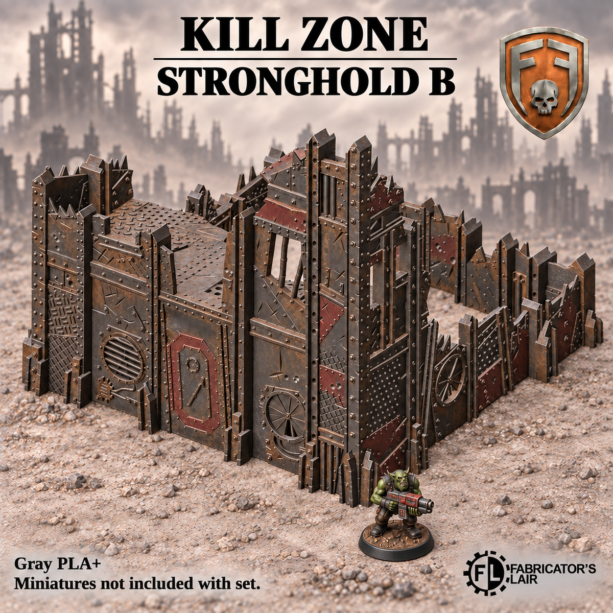 Greenskin Kill Zone Stronghold B, a large scrap-built terrain structure. Painted example, supplied unpainted in Gray PLA+. Miniatures are not included.