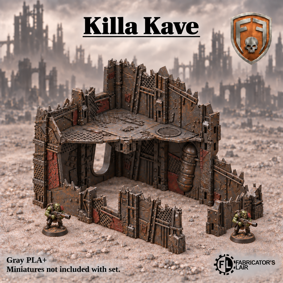 Greenskin Killa Kave modular terrain kit. Painted example, supplied unpainted in Gray PLA+. Assembly required; miniatures are not included.