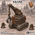 Greenskin Krane industrial scrapyard terrain. Painted example; supplied unpainted in Gray PLA+. Miniatures are not included.