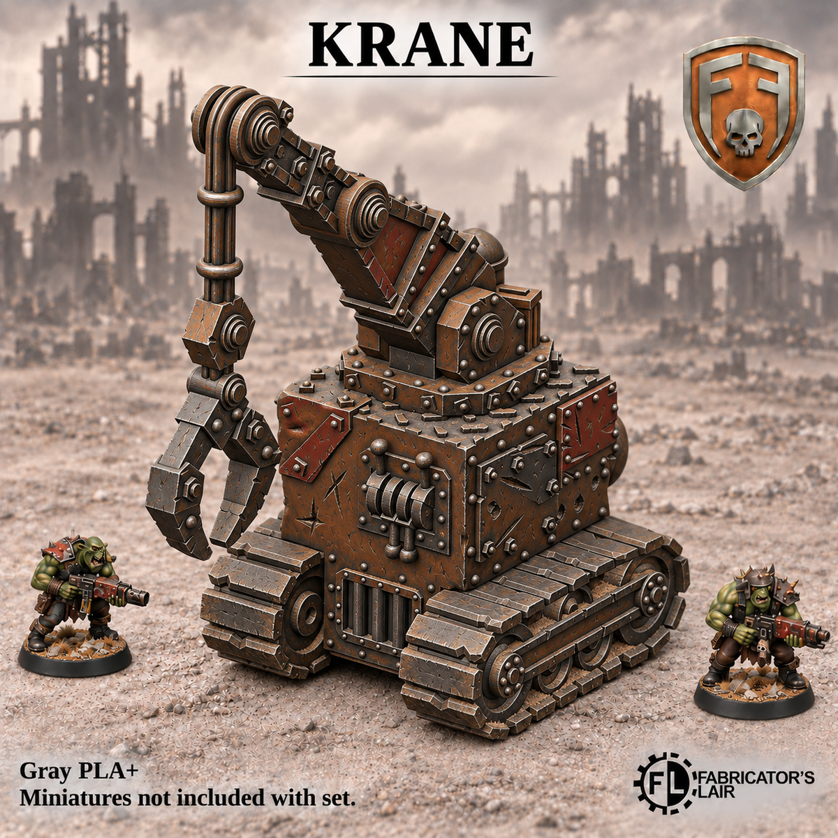 Greenskin Krane industrial scrapyard terrain. Painted example; supplied unpainted in Gray PLA+. Miniatures are not included.