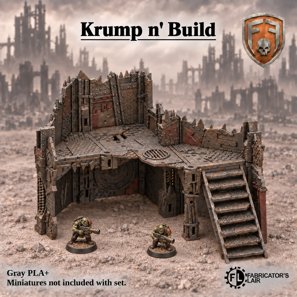 Greenskin Krump n’ Build modular terrain kit with diagonal wall sections. Painted example, supplied unpainted in Gray PLA+. Assembly required; miniatures are not included.