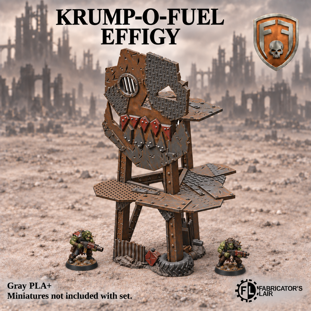 Greenskin Krump-O-Fuel Effigy, a standalone scrap-built landmark. Painted example, supplied unpainted in Gray PLA+. Miniatures are not included.