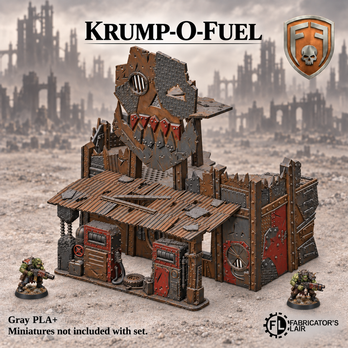 Greenskin Krump-O-Fuel Station with pump, canopy and upper effigy. Painted example, supplied unpainted in Gray PLA+. Miniatures are not included.