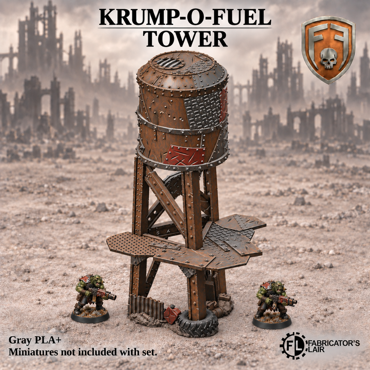 Greenskin Krump-O-Fuel Tower, a standalone modular fuel tower. Painted example, supplied unpainted in Gray PLA+. Miniatures are not included.
