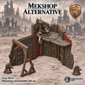 Greenskin Mekshop Alternative compact workshop with mounted crane. Painted example, supplied unpainted in Gray PLA+. Miniatures are not included.