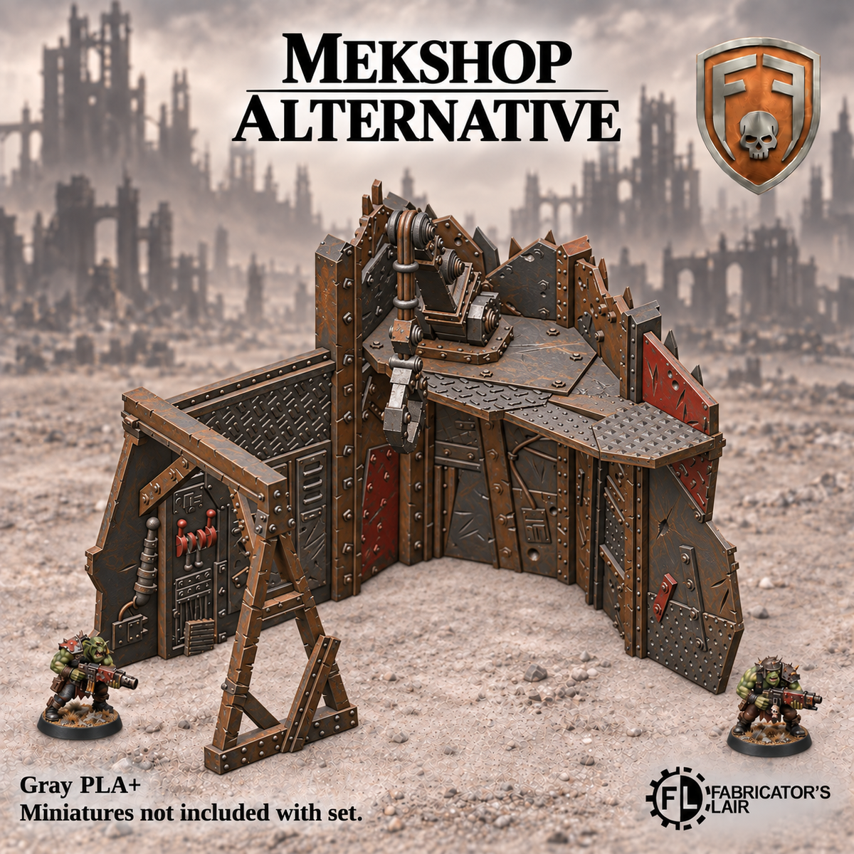 Greenskin Mekshop Alternative compact workshop with mounted crane. Painted example, supplied unpainted in Gray PLA+. Miniatures are not included.