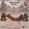 Greenskin Mekshop Ruin A, a compact ruined workshop section. Painted example, supplied unpainted in Gray PLA+. Miniatures are not included.