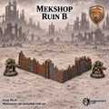 Greenskin Mekshop Ruin B, a ruined industrial workshop section. Painted example, supplied unpainted in Gray PLA+. Miniatures are not included.