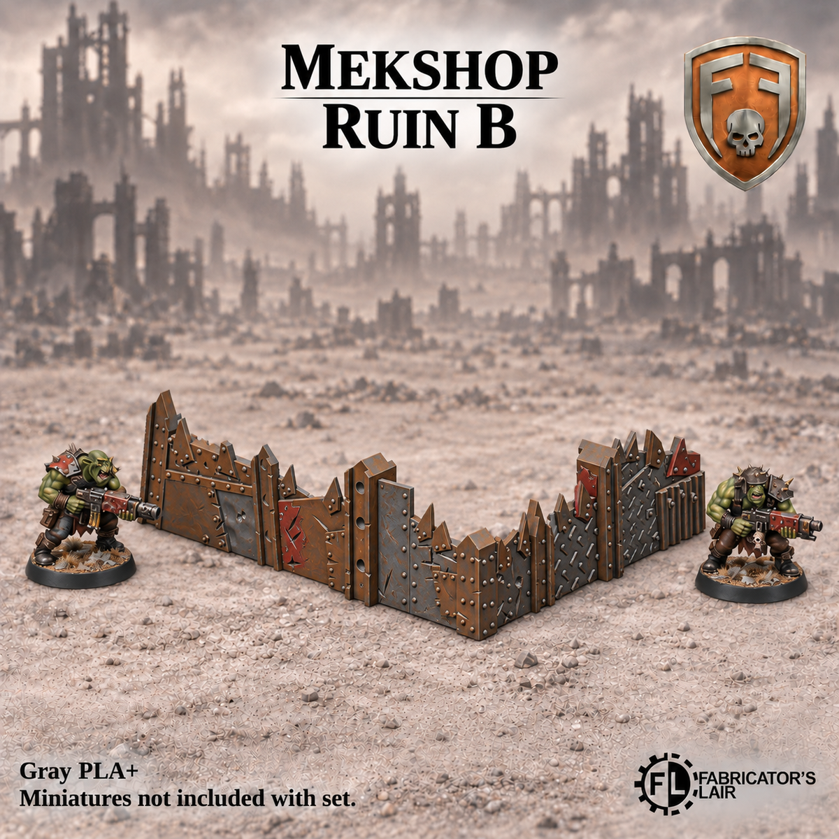 Greenskin Mekshop Ruin B, a ruined industrial workshop section. Painted example, supplied unpainted in Gray PLA+. Miniatures are not included.