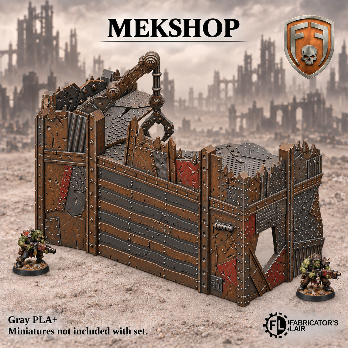 Greenskin Mekshop workshop building with mounted crane. Painted example of multi-component terrain, supplied unpainted in Gray PLA+. Miniatures are not included.