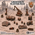 Greenskin Scatter Pack, 15 terrain pieces including a Krane, tank, vent, doorless Zoghole, two totems, barrels, rubbish and barricades. Supplied unpainted in Gray PLA+.