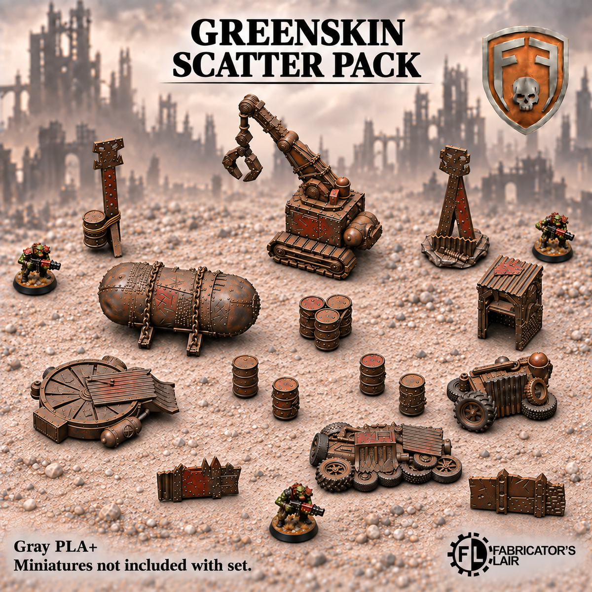 Greenskin Scatter Pack, 15 terrain pieces including a Krane, tank, vent, doorless Zoghole, two totems, barrels, rubbish and barricades. Supplied unpainted in Gray PLA+.