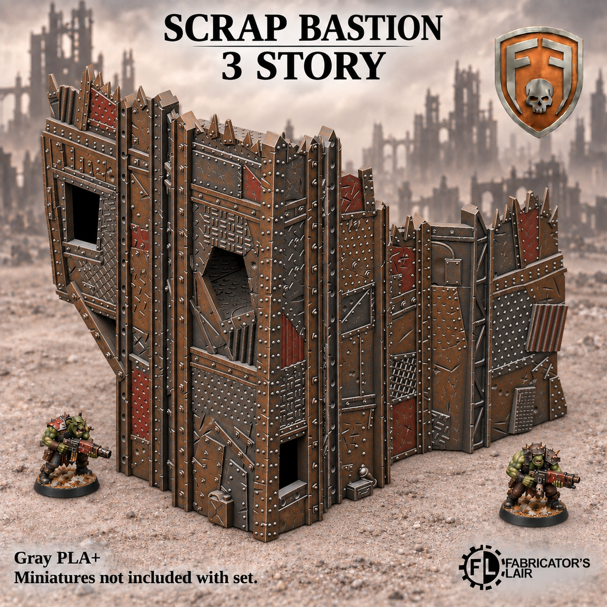 Greenskin Scrap Bastion 3 Story fortification. Painted example, supplied unpainted in Gray PLA+. Miniatures are not included.