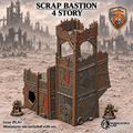 Greenskin Scrap Bastion 4 Story fortification. Painted example of scrap-built tabletop terrain, supplied unpainted in Gray PLA+. Miniatures are not included.