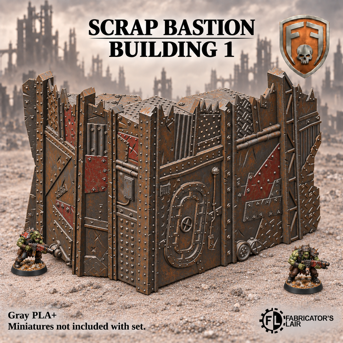 Greenskin Scrap Bastion Building 1. Painted example of a standalone fortification section, supplied unpainted in Gray PLA+. Miniatures are not included.