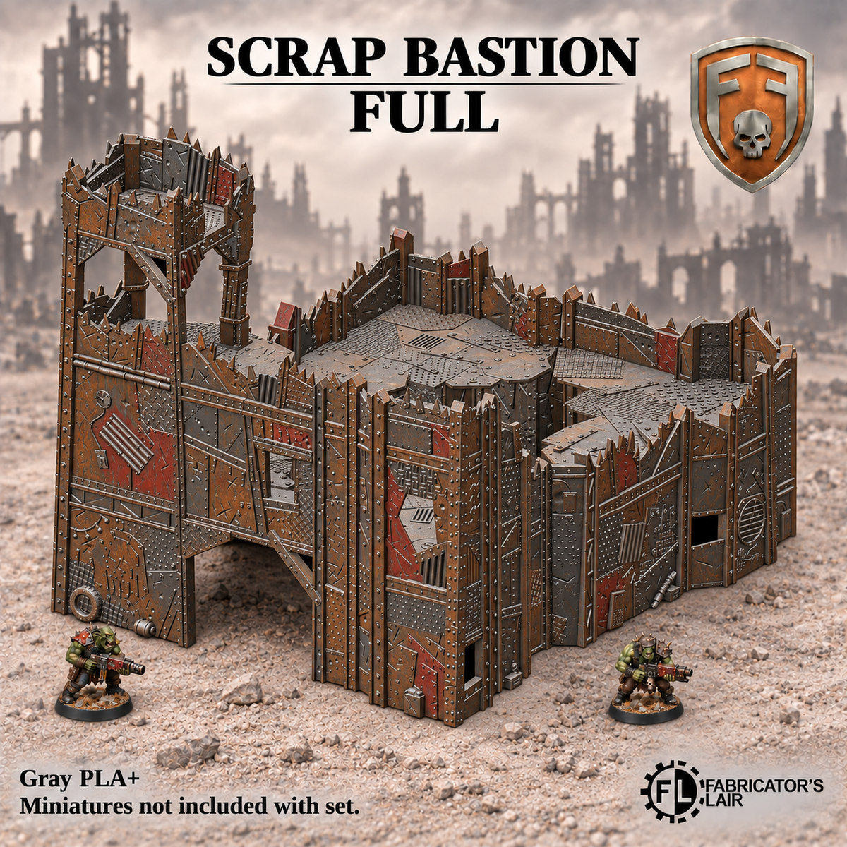 Greenskin Scrap Bastion Full set with four building sections: 4 Story, 3 Story, Building 1 and Building 2. Painted example, supplied unpainted in Gray PLA+. Miniatures are not included.
