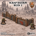 Greenskin Scrap Bastion Ruin 1, a low ruined fortification section. Painted example, supplied unpainted in Gray PLA+. Miniatures are not included.