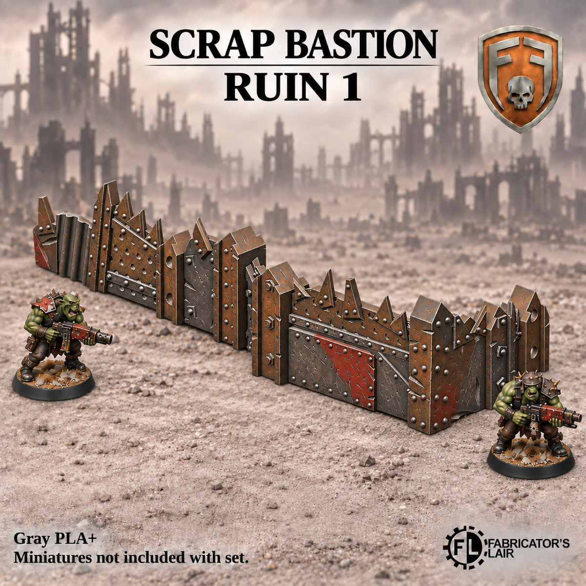 Greenskin Scrap Bastion Ruin 1, a low ruined fortification section. Painted example, supplied unpainted in Gray PLA+. Miniatures are not included.