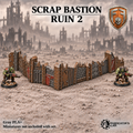 Greenskin Scrap Bastion Ruin 2, a low ruined fortification section. Painted example, supplied unpainted in Gray PLA+. Miniatures are not included.