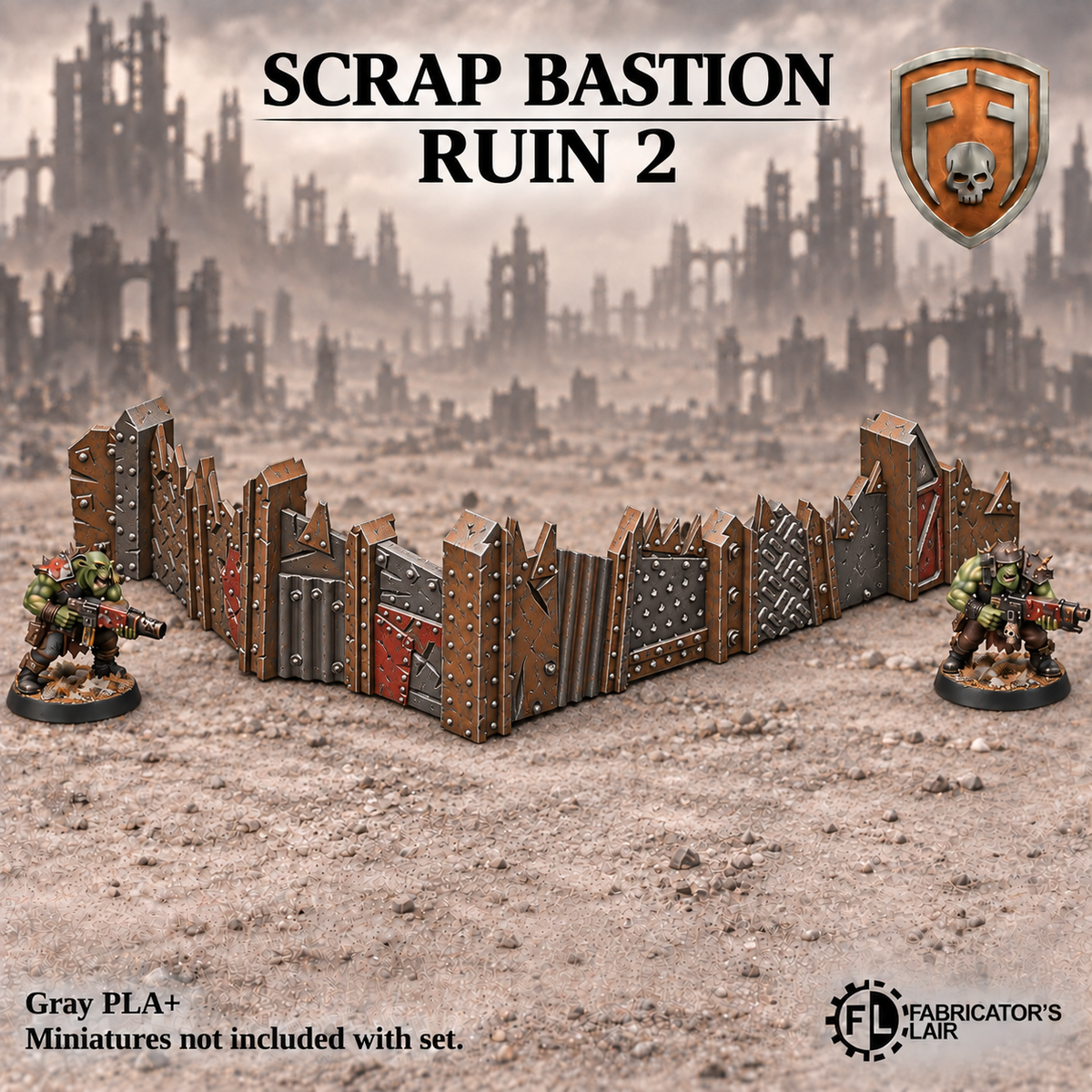 Greenskin Scrap Bastion Ruin 2, a low ruined fortification section. Painted example, supplied unpainted in Gray PLA+. Miniatures are not included.