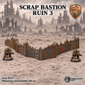 Greenskin Scrap Bastion Ruin 3, a ruined fortification section. Painted example, supplied unpainted in Gray PLA+. Miniatures are not included.
